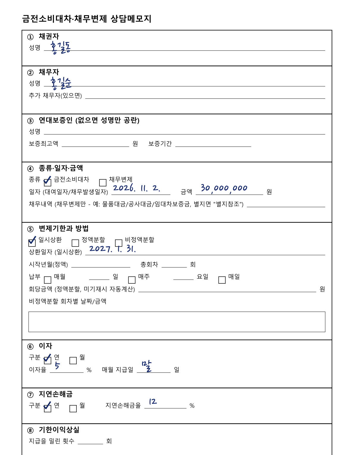 손으로 적은 금전소비대차 상담메모지