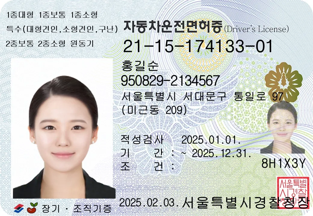 채무자 운전면허증 견본(도로교통공단)
